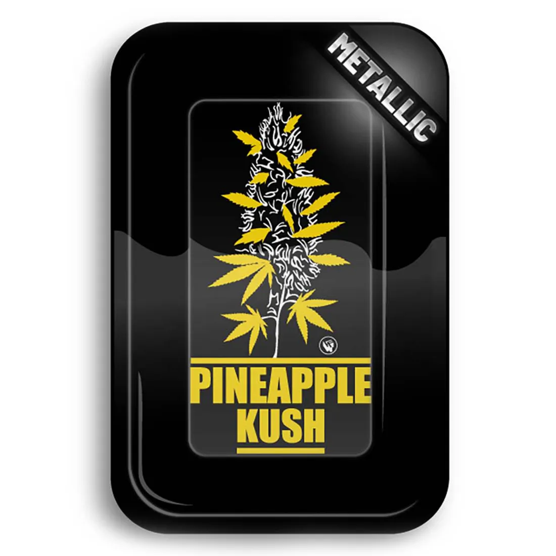 En rektangulær metalbakke præsenteres med en mat overflade i grønne og gule nuancer, der danner et tropisk ananasmønster. Bakken måler 275 x 175 mm og har afrundede hjørner. Kanten er let hævet, hvilket giver en diskret ramme. Mønsteret viser detaljerede blade og frugter, der skaber en livlig og farverig effekt.