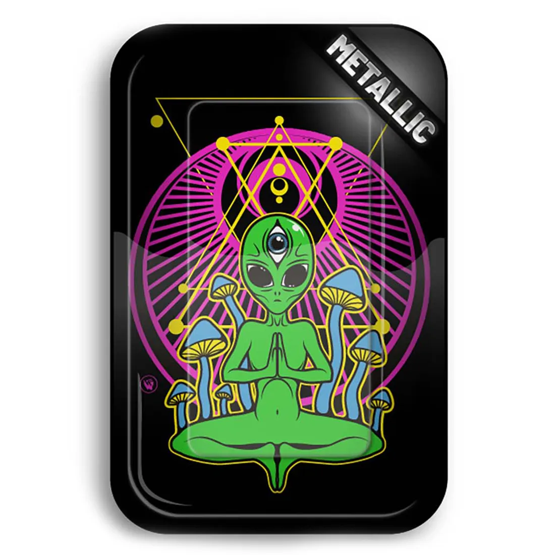 En rektangulær bakke præsenterer et farverigt, psykedelisk mønster med trippy alien-tema. Baggrunden er domineret af nuancer af grøn, lilla og orange, som svømmer sammen i organiske former. Overfladen har en glat, skinnende tekstur, der reflekterer lys. Bakken måler 275 x 175 mm og har afrundede kanter for en blødere silhuet.