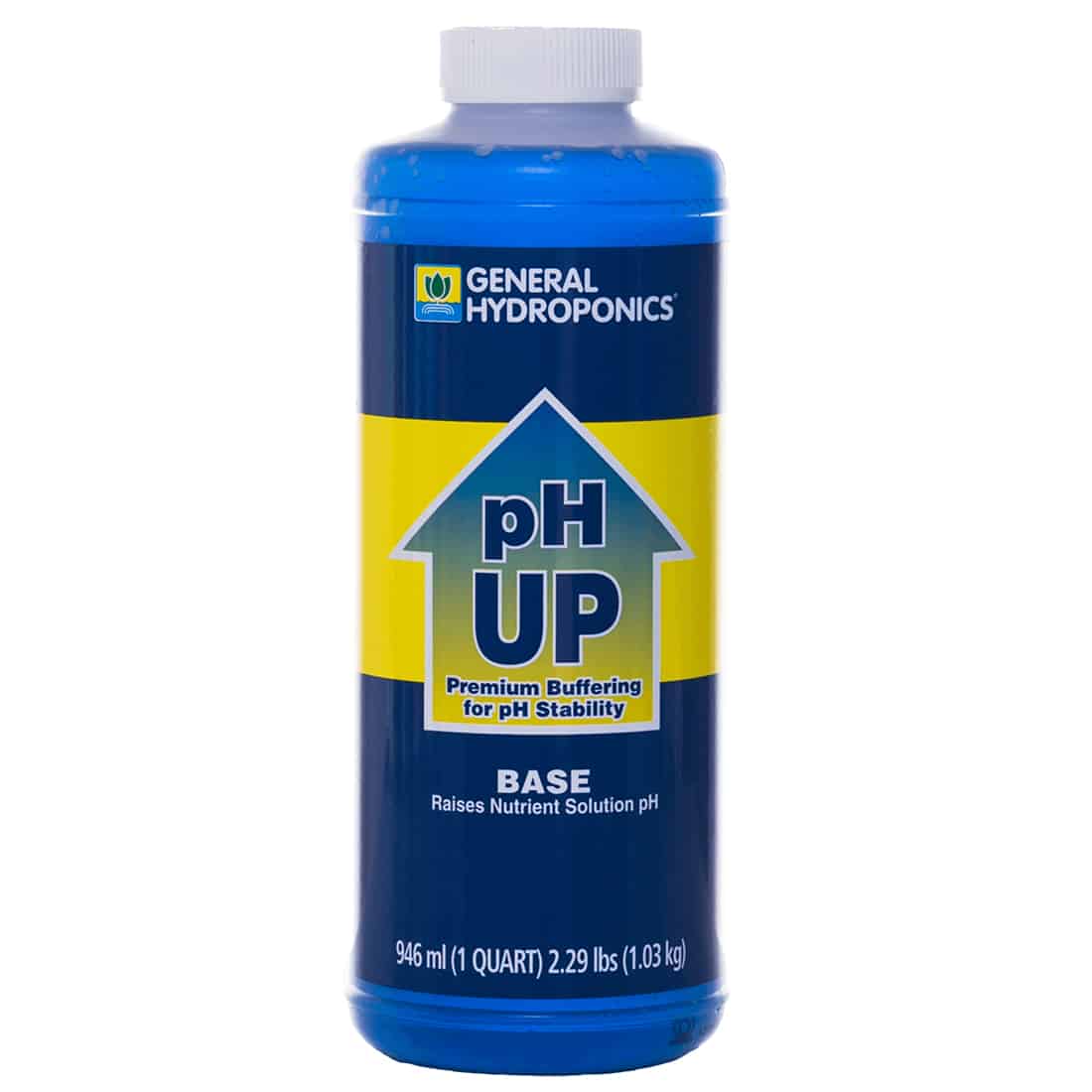 En gennemsigtig plastflaske med en sort skruelåg rummer en klar, farveløs væske. Etiket med grøn og hvid tekst pryder flaskens front, hvor der står "pH Up" med en beskrivelse af produktet under. Øverst på etiketten findes et symbol, der indikerer indholdets natur. Flasken har en slank form og en praktisk størrelse til opbevaring.