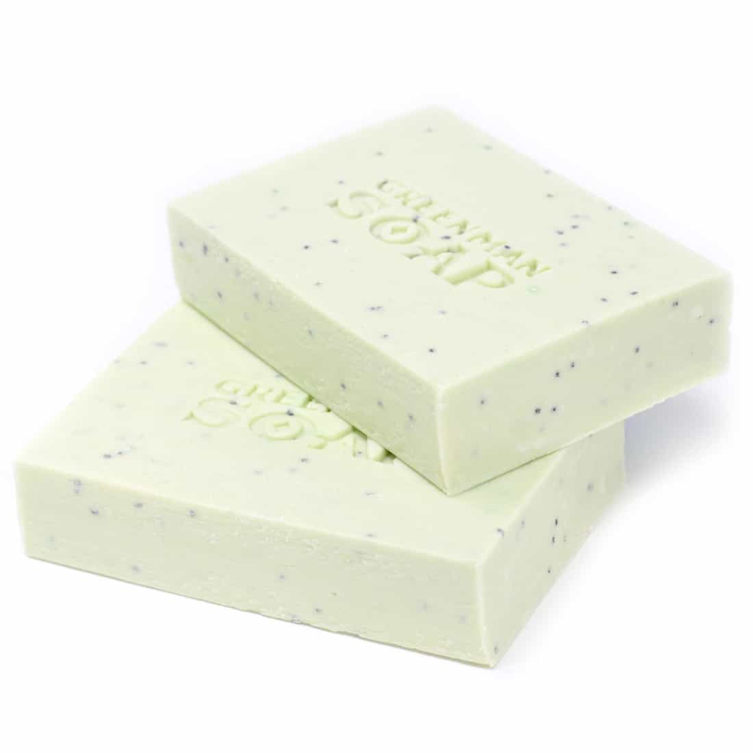 En firkantet pakke med en grøn og hvid farveskema præsenterer sig. Forsiden har en tydelig illustration af en grøn mandlig figur, omgivet af grønne blade. Teksten er trykt i sort og hvid, med en fremtrædende overskrift og mindre skrifttyper under. Pakken er lukket og viser en glat overflade med skarpe kanter, uden synlige indtryk eller rifter.