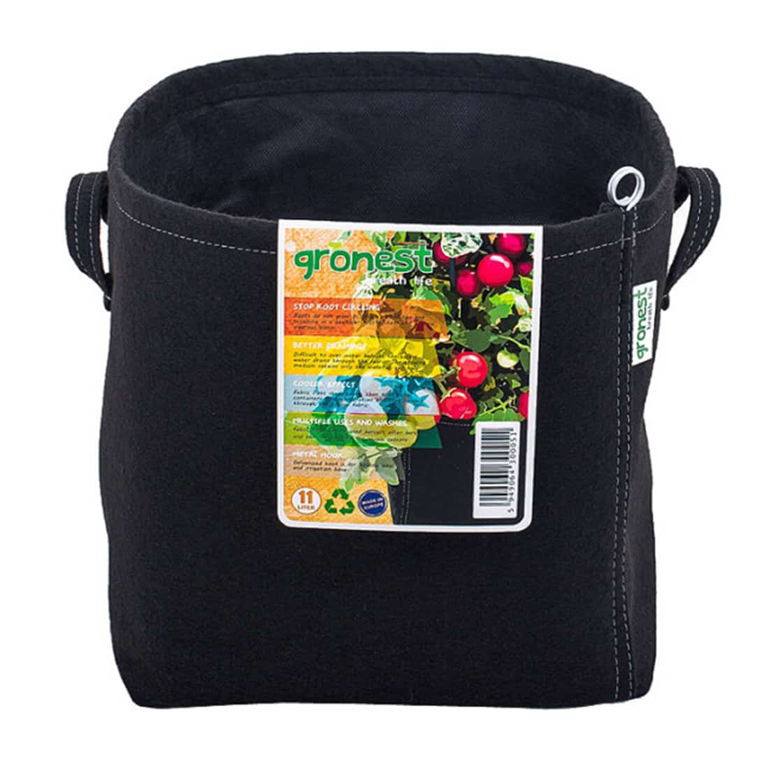 En rund potte i en dyb grøn farve, fremstillet af blød stofmateriale, præsenterer en jævn tekstur med synlige syninger langs kanten. Potten har en diameter, der giver plads til en god mængde jord. Toppen er åbent, mens bunden er flad, hvilket sikrer stabilitet. Farven fremstår ensartet uden mønstre eller dekorationer.