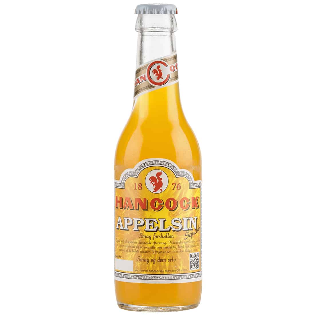 En klar flaske i glas med en kapacitet på 25 cl. Flasken har en slank, cylindrisk form og er fyldt med en lys orange væske. Etiketens design er minimalistisk med sort tekst og en enkel grafik, der fremhæver flaskens indhold. Korkproppen er naturlig og har en let ru overflade. Flaskens bund er let afrundet.