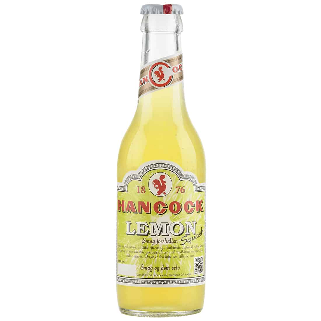 En klar, gennemsigtig flaske med en slank, cylindrisk form præsenterer en lysegul væske. Flaskens hals er smal og afsluttes med en skruehætte i sølvfarvet metal. Etiketens design har en hvid baggrund med grønne og sorte skrifttyper, som præsenterer produktnavnet. Mønsteret på etiketten inkluderer en stiliseret citron.