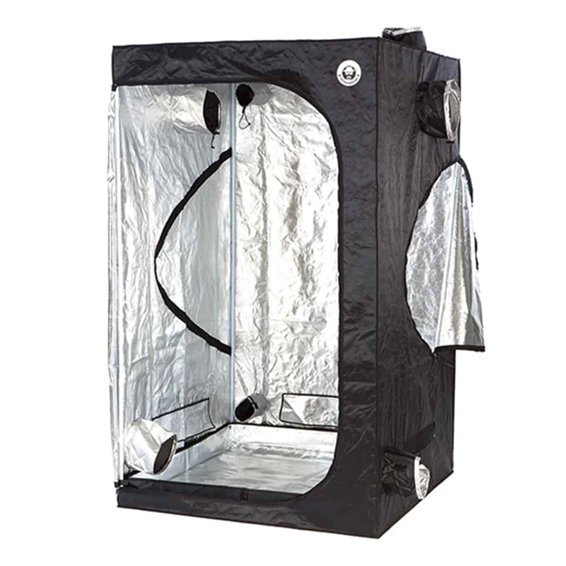 En sort væksttunnel med mål på 120 x 120 x 200 cm. Teltet har en firkantet form og er lavet af kraftigt, lysisolerende materiale. Overfladen er glat og mat, uden synlige mønstre. Teltet har adskillige lynlåse og ventilationsåbninger, der er placeret strategisk for at sikre luftcirkulation. Kanterne er forstærkede for holdbarhed.