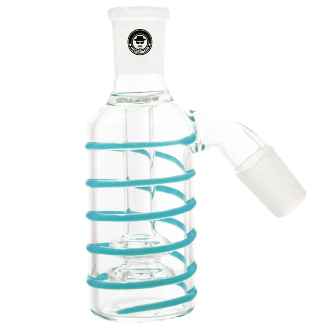 En cirkulær enhed i en dyb blå farve pryder overfladen. Den har en glat, skinnende overflade med en let gennemsigtig effekt, der skaber en glødende halo omkring kanten. Midten indeholder et symbol, der ligner en stiliseret kemisk struktur, og der er små, fine detaljer, der tilføjer visuel kompleksitet. Enheden har en flad bund for stabilitet.