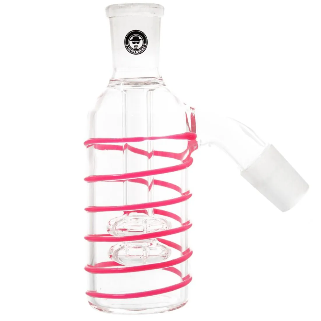 En rund, pink boks med en glødende kant pryder overfladen, der har en glat og skinnende tekstur. Midten er prydet med et cirkulært motiv, som fremhæver detaljerede linjer og geometriske figurer. Boksens bund er flad, mens den øverste del har en let hældning. Den bløde belysning skaber en subtil kontrast mellem farverne.