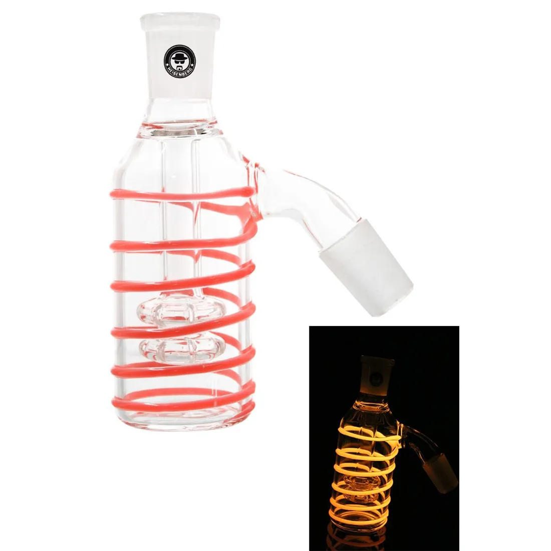 En rund, gennemsigtig beholder med en glat, blød overflade dominerer beskrivelsen. Den har en dyb rød farve, der stråler med en glødende effekt, når lys rammer den. Øverste del er præget af en skarp kant, mens bunden har en flad, stabil form. Indvendigt er der en flere lag af små, cirkulære mønstre, der tilføjer dybde.