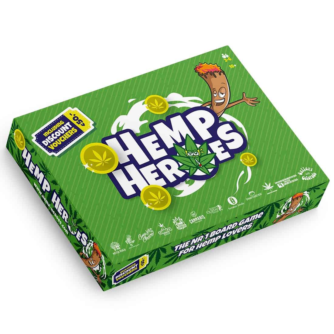 Et brætspil præsenterer sig med en farverig spilleplade, der er opdelt i sektioner med forskellige nuancer af grøn, brun og gul. Spilfigurer i form af små cannabisblade i forskellige farver står strategisk placeret på brættet. Terninger i plastik med tydelige prikker ligger ved siden af. Spillets æske viser grafiske elementer og tekst i en legende, farverig skrifttype.