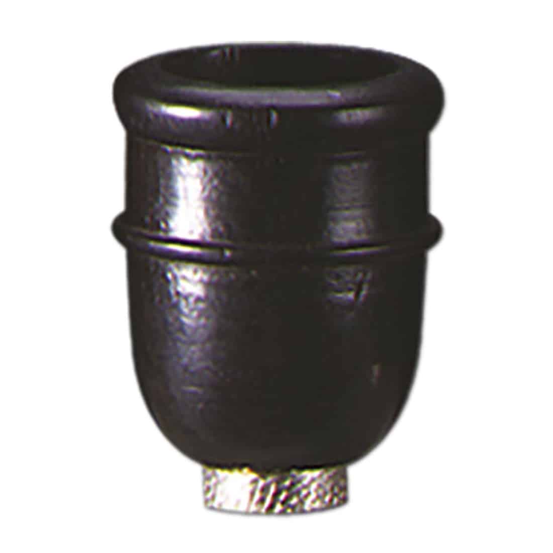 Et bonghoved fremstår i en dyb sort farve, fremstillet af ibenholt. Det har en glat, poleret overflade med en let skinnende finish, der fremhæver træets naturlige åretegning. Formen er afrundet med en bred base, der gradvist snævrer ind mod toppen. Det er forsynet med en indvendig gevindkant for tæt pasform.