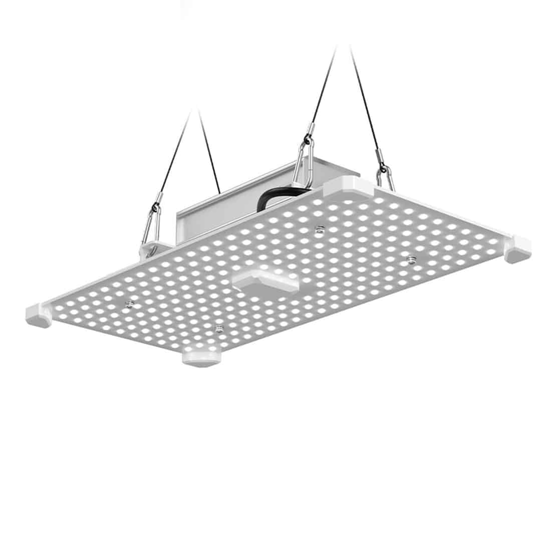 En sort LED-lampe præsenterer sig med en moderne, slank form. Den har en flad, rektangulær skærm, der strækker sig ud fra en diskret arm. Overfladen er glat og mat, hvilket skaber en elegant kontrast til den bløde, lysende del, der udsender en varm hvid glød. Knapperne er placeret strategisk på siden, i et minimalistisk design.