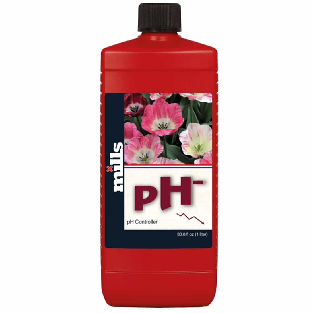 En transparent glasflaske med en slank, cylindrisk form og en kapacitet på 1 liter. Flasken har en klar overflade, der tydeligt viser indholdet, og en minimalistisk sort plastikkap med en skruemekanisme. Et enkelt, hvidt tekstdesign pryder flaskens forside, hvilket tilføjer et moderne, elegant touch. Flaskens bund er flad og stabil.