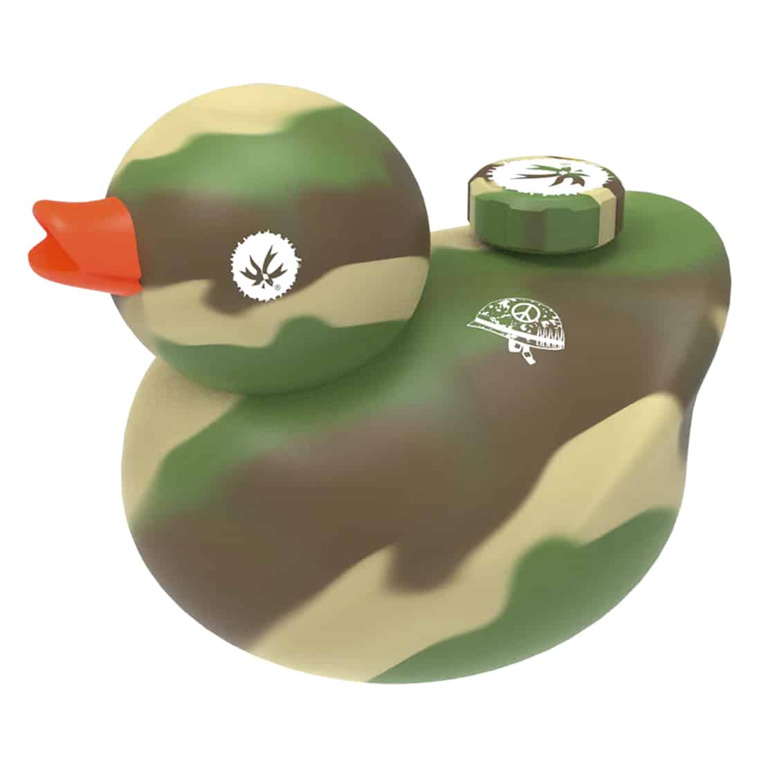 En farverig, geometrisk designet genstand præsenterer sig med en overflade i nuancer af grøn, brun og orange, som skaber et kamouflage-mønster. Formen er skulpturel med bløde kurver og skarpe kanter, der giver en dynamisk silhuet. Materialet synes at være en robust plast, som reflekterer lys let, og der er detaljerede teksturer, der tilføjer dybde og interesse.