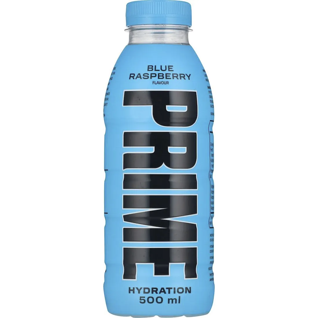 En transparent flaske i plast med en slank, cylindrisk form. Flasken har en kapacitet på 500 ml og er fyldt med en klar væske, der har en lys, hindbærfarvet nuance. Låget er skruelåg i en mørkere farve, og flasken har en mat overflade, der giver et blødt udtryk. Etiketdesign i hvidt med sort tekst.