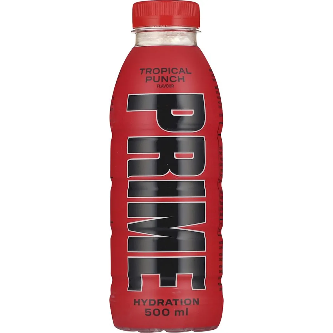 En klar, transparent flaske med en let buet form indeholder en livlig, dybrød væske. Flasken har en sort, skruehætte med en glat overflade og et lille, rundet udhul i midten. Etiketens design inkluderer tropiske frugter i farver som gul, grøn og orange, samt tekst i hvid og sort, der angiver produktets navn og informationer.