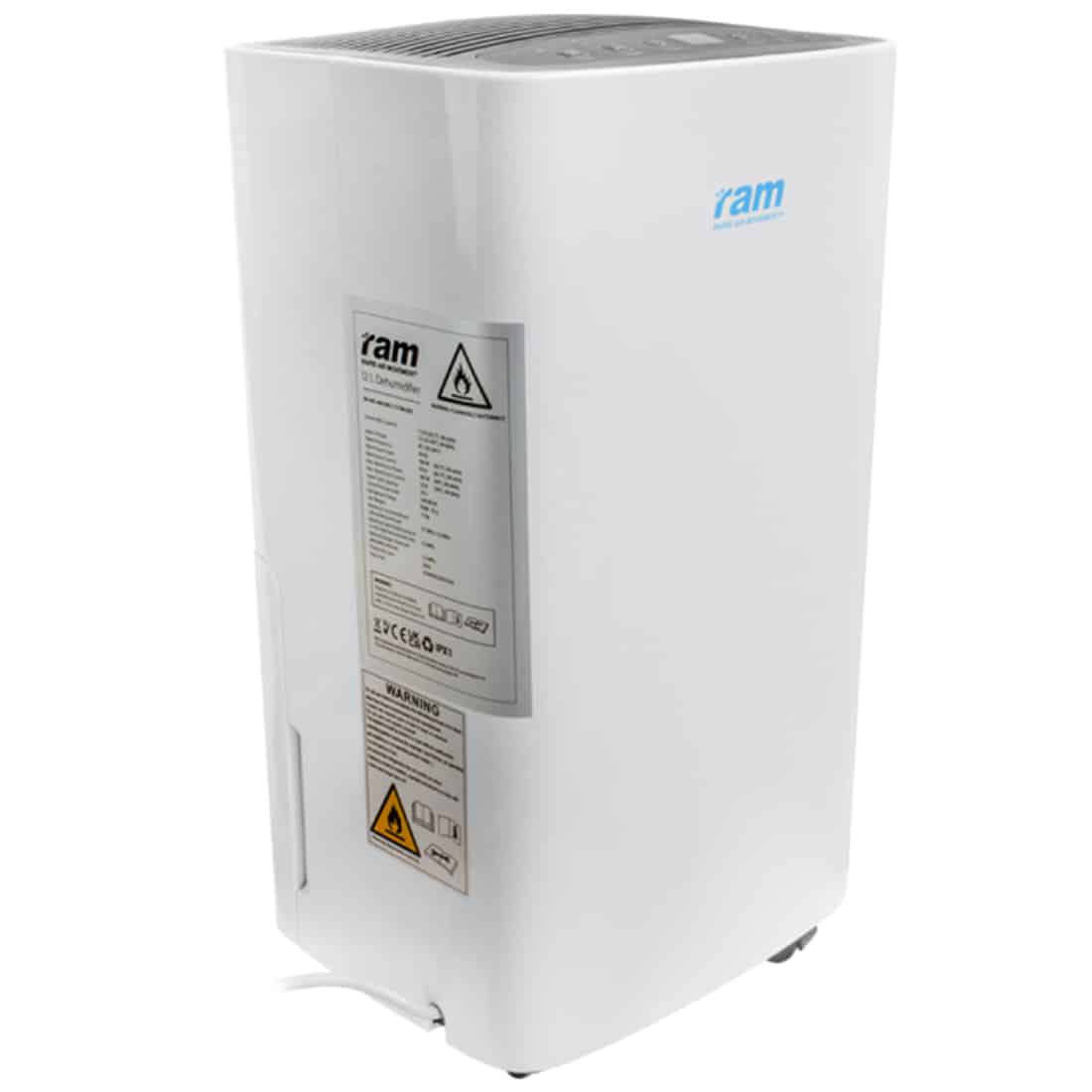 En affugter præsenteres med en slank, hvid plastkonstruktion og en afrundet form. Fronten har et digitalt display med sort tekst og symboler, der angiver funktioner. Der findes en vandtank i bunden, der er gennemsigtig med en måleskala. Ventilationen er placeret øverst med riller, der giver en industriel æstetik. Knappen til tænd/sluk er tydelig og let tilgængelig.