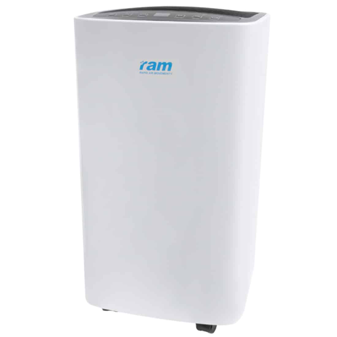 En affugter med en geometrisk, rektangulær form præsenterer sig i en hvid farve, med en glat, blank overflade. Frontpanelet har en digital skærm med blå og hvide tal, samt knapper i sort og grå. Luftindtag er synligt på siden, prydet med små perforeringer. En vandbeholder findes nederst, synlig gennem et gennemsigtigt vindue.