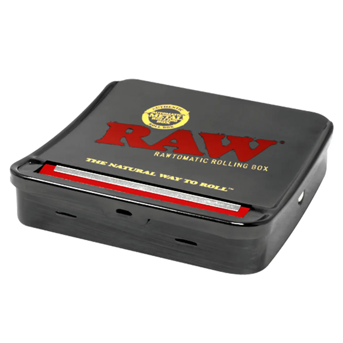 En rektangulær boks med en mat, hvid overflade prydet med en sort, grafisk tekst, der angiver produktets navn. Boksen har afrundede kanter og en glat, ensartet tekstur. Låg og boks er adskilt af en synlig sort søm. Indersiden er synlig, med en klar plastindsats til opbevaring. Boksens dimensioner er kompakte og praktiske.