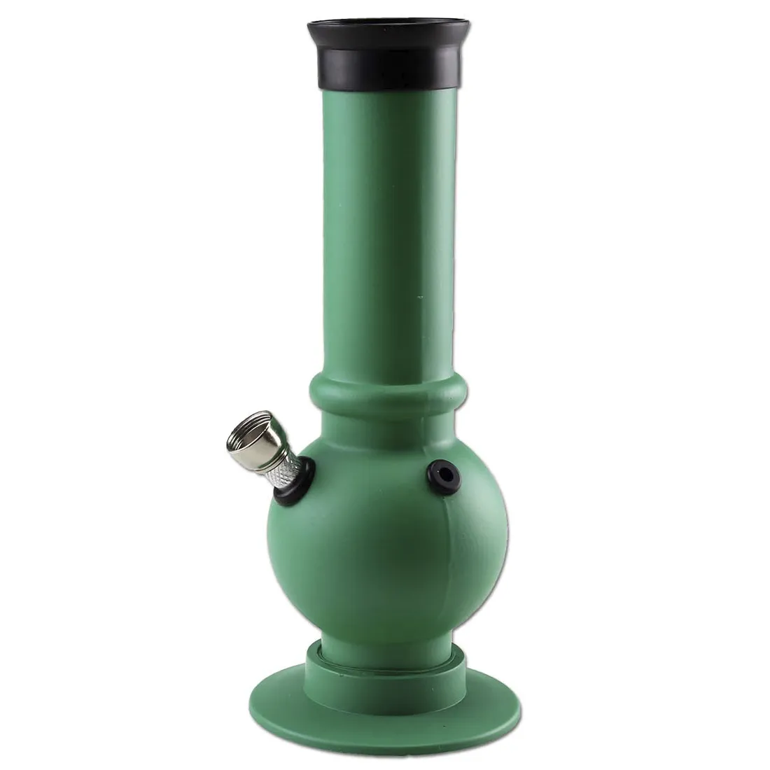 En grøn bølget akryl bong med en høj, cylindrisk form. Overfladen har en glat, skinnende tekstur, der reflekterer lys. Den har en bred fod, der giver stabilitet, og en smal hals, der afsluttes med en afrundet kant. En indsat metal skål er placeret på siden, og der er en luge til luftcirkulation, som er diskret integreret.