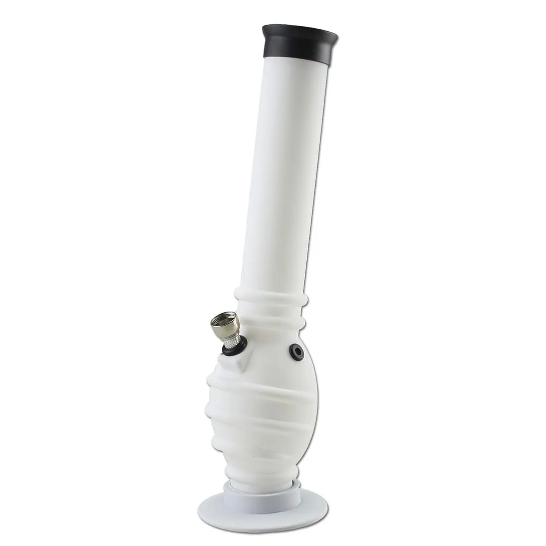En hvid, mat akryl bong med en slank, cylindrisk form og en let buet hals. Den har en bred, stabil bund og en klar, afrundet skål, der er placeret på siden. Overfladen er glat og ensartet uden synlige mærker. Den samlede højde er 31 cm, og bongen har en minimalistisk æstetik med en enkel, moderne stil.