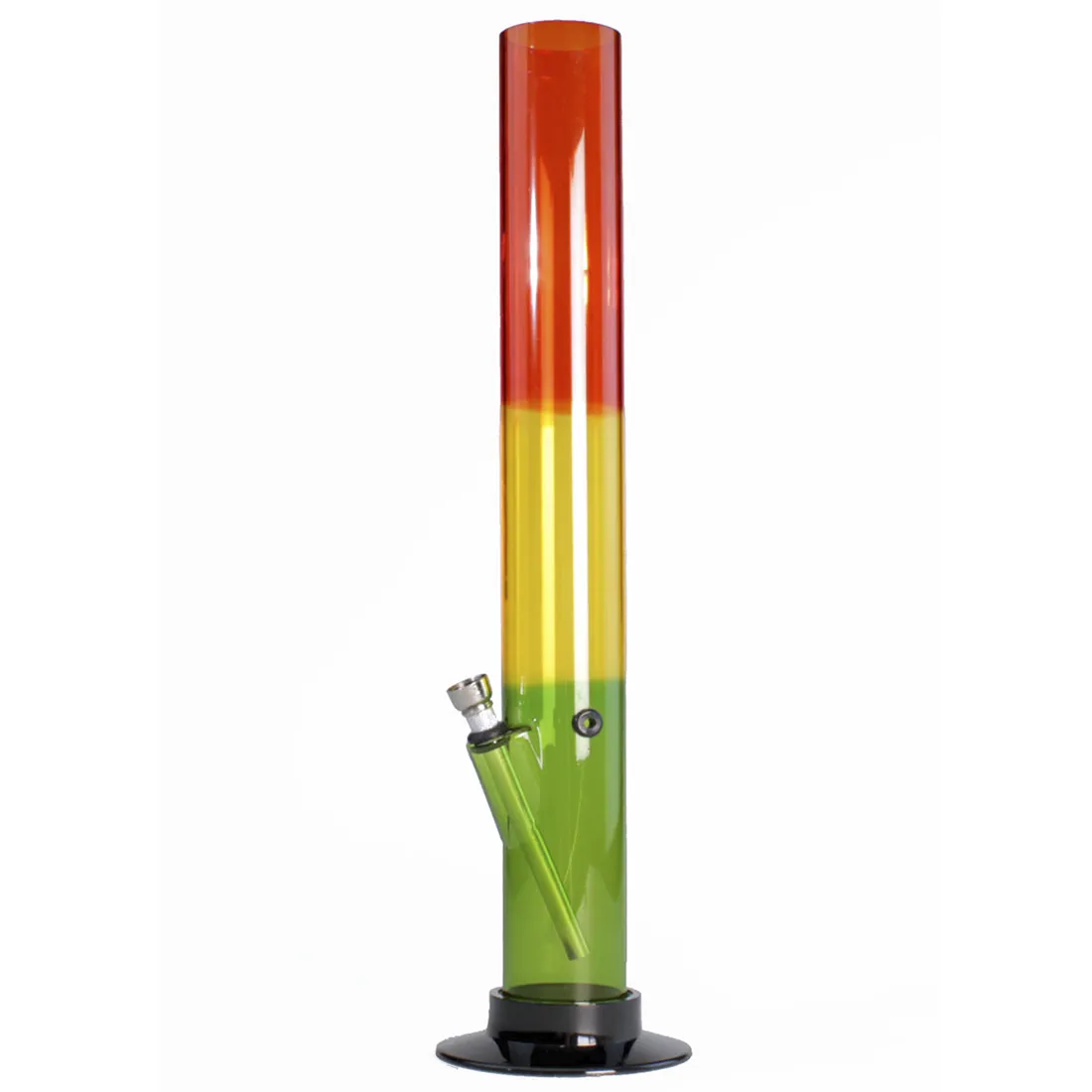 En akryl bong i klar, gennemsigtig plast med en højde på 40 cm. Den har en slank, cylindrisk form med glatte kanter. En afrundet top med en bred åbning og en tilsluttet skål til tobak. Farverne varierer fra klart til en let grønlig nuance. Bunden er stabil og bred for at sikre balance.