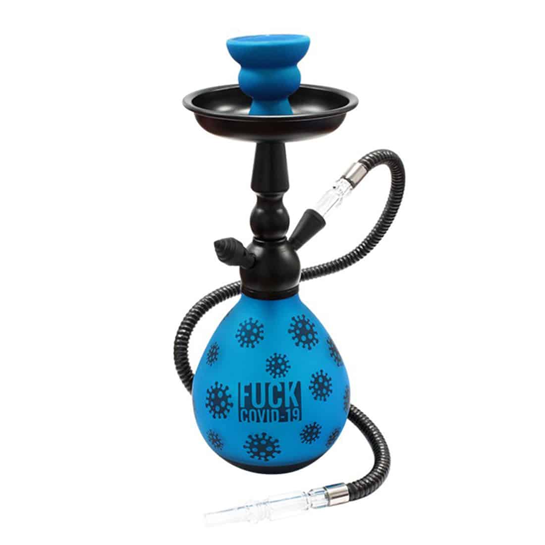 En shisha med en højde på 33 cm præsenterer sig med en glinsende, blå metalbund. Den har en gennemsigtig glasskål i bunden, som er dekoreret med et bølget mønster. Slangen er lavet af blødt, sort plastik, der er fastgjort til en kromfarvet metalventil. Øverste del har en glat, rund form med en sort skål til tobaksprodukter.