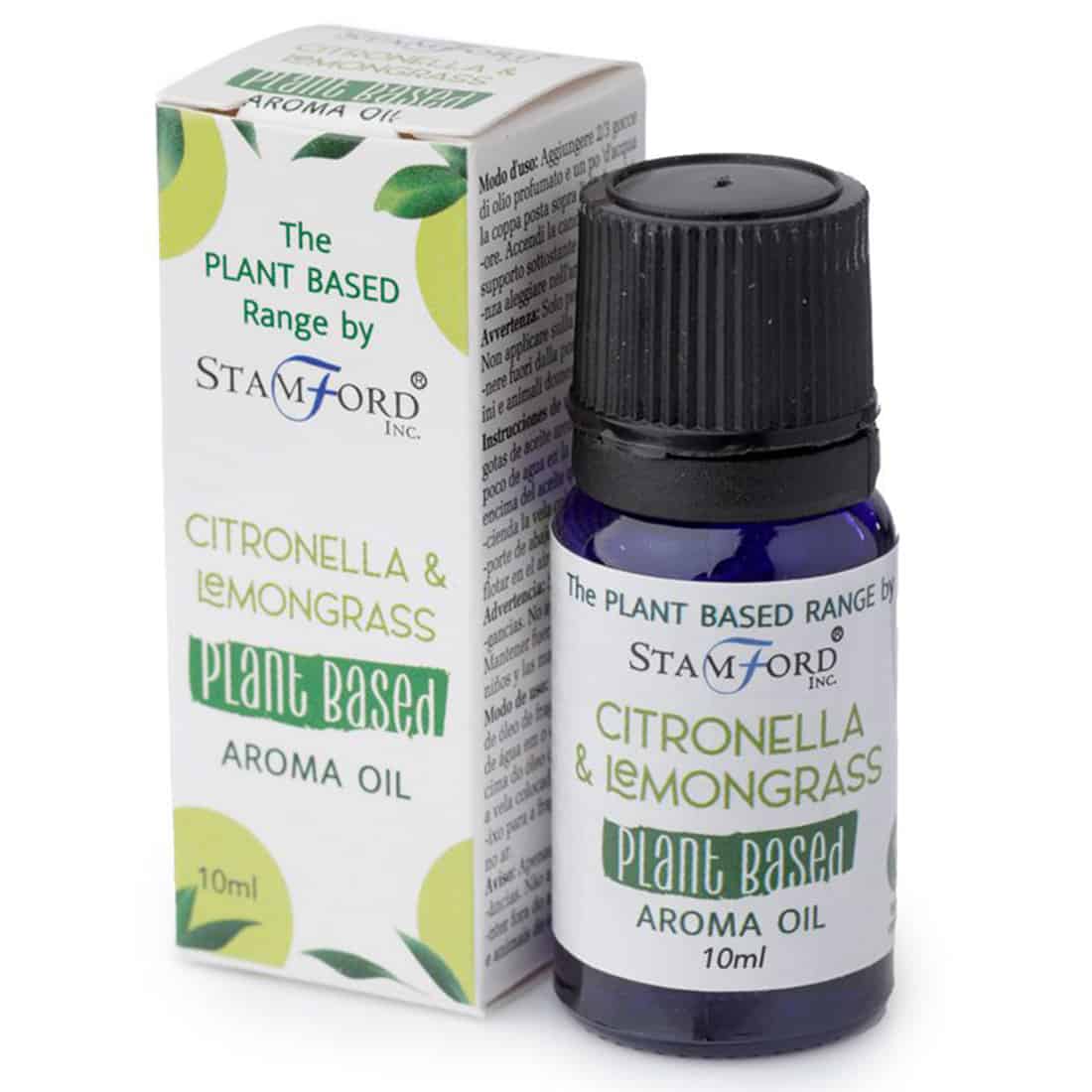 En lille, transparent flaske med en sort plastikpumpe og en klar, farveløs væske indeni. Flaskens etiket er hvid med grønne og sorte skrifttyper, der angiver indholdet af citronella og lemongrass. Et enkelt, stiliseret grønt bladmønster pryder etikettens nederste del. Flasken har en smal, cylindrisk form og en skruelåg, der matcher pumpens farve.