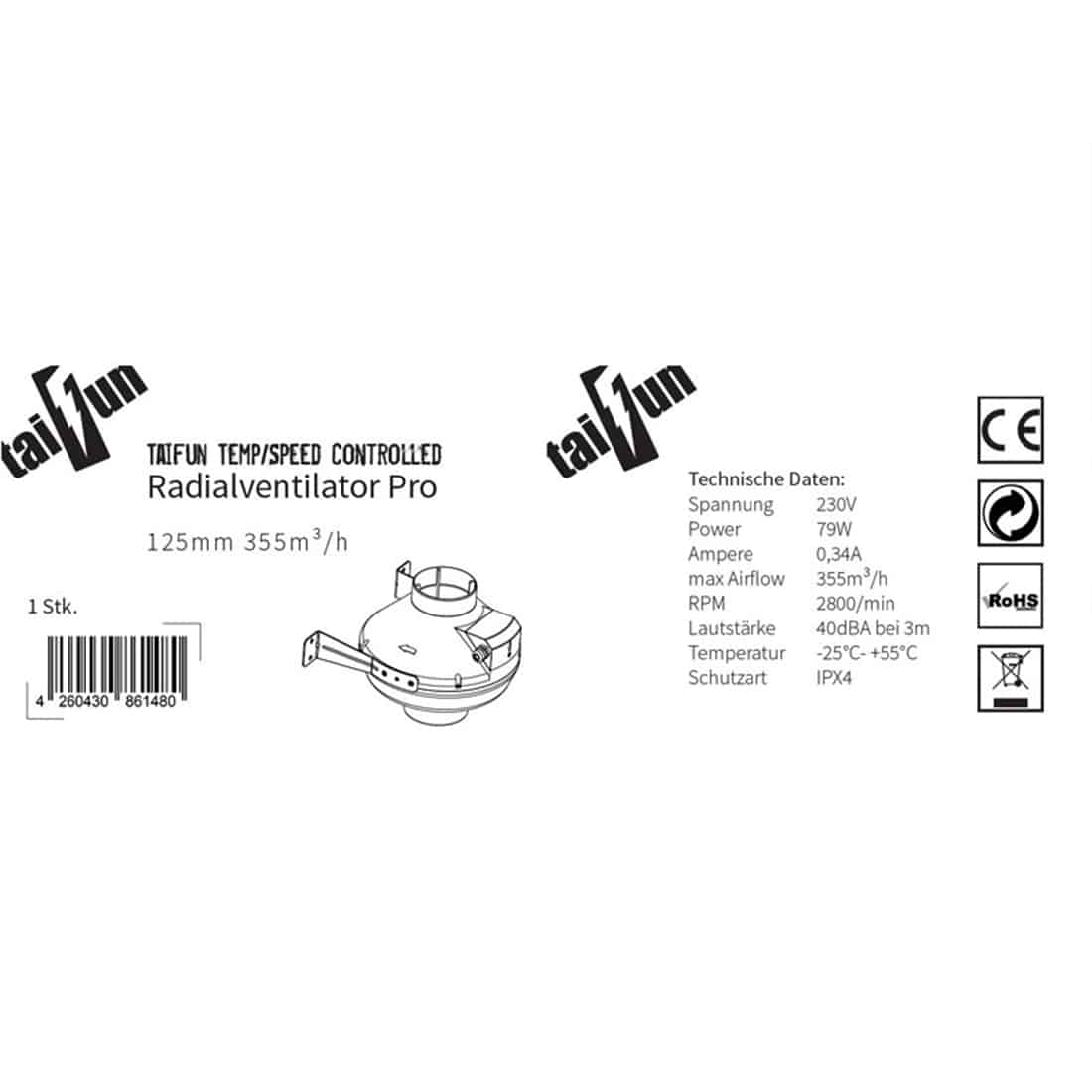 En rund, metallisk enhed med en diameter på 125 mm præsenterer sig med et glat, sølvfarvet overflade. På fronten er der en digital skærm, der viser temperaturer og hastigheder i klare, sorte tal. En række knapper, fremhævet i sort, er placeret under skærmen. En ventilatorgrill med fine, cirkulære åbninger ses i baggrunden, der giver en struktureret tekstur.
