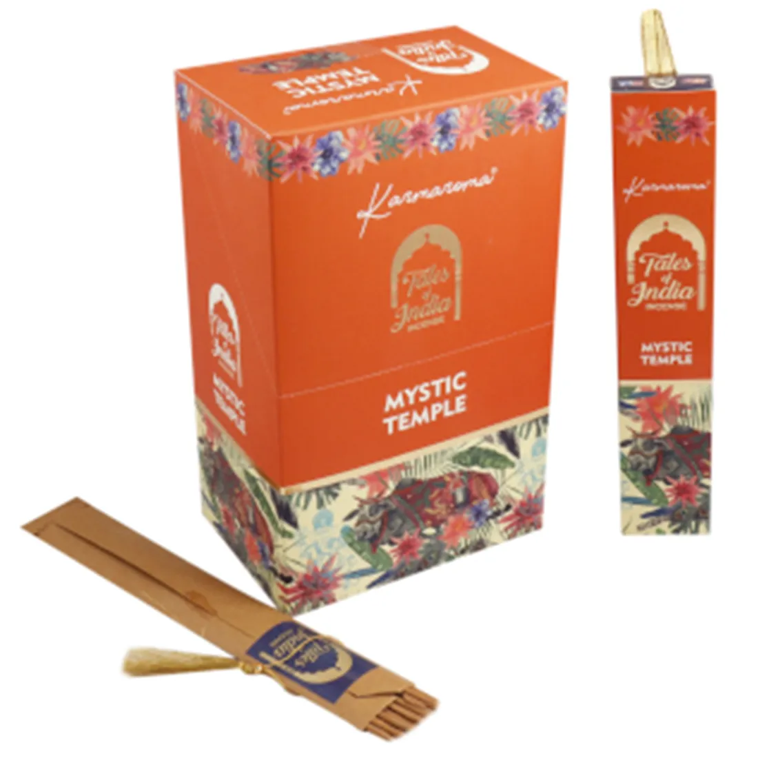 Røgelsespinde præsenteres i en elegant, rektangulær papæske med en dyb rød farve og gyldne detaljer. Æsken har en indviklet mønsterstruktur, der tilføjer en dekorativ effekt. Indholdet består af lange, slanke pinde i en mørk træfarve. Hver pind er ensartet og glat, med en naturlig tekstur, der fremhæver materialets kvalitet.