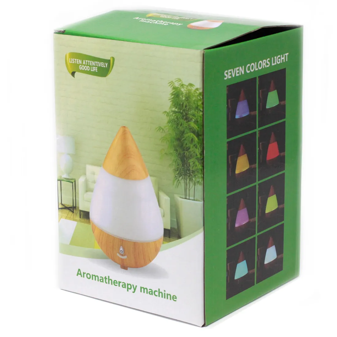 En dråbeformet aromadiffuser i trælook pryder overfladen. Den har en glat, naturlig tekstur og en varm, lys brun farve, som giver en organisk følelse. En lille, rund kontrolknap i bunden er synlig, og der er en gennemsigtig vandbeholder, der afslører indholdet. Diffuseren har en elegant, minimalistisk stil, der passer ind i forskellige indretninger.