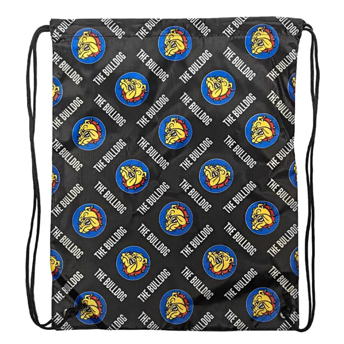 Rygsækken har en sort baggrund med et farverigt, grafisk mønster bestående af små bulldog-illustrationer i forskellige farver. Taskens overflade er glat og lavet af et robust materiale. Den har en snor til lukning og justerbare skulderremme. Det enkle design fremhæver de detaljerede hundemotiver, der er jævnt fordelt over hele tasken.