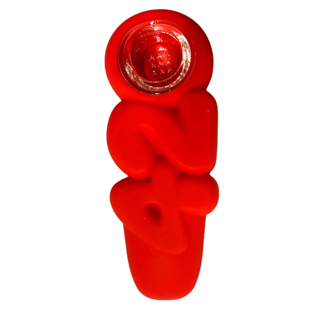 En rød silikonepibe med en glat, fleksibel overflade. Den har en buet form og en bred skål til tobaksopbevaring. Piben er 10 cm lang og har en afrundet ende med en åbning til indånding. Mønsteret er enkelt, uden dekorationer, hvilket fremhæver materialets bløde tekstur og den ensartede farve.