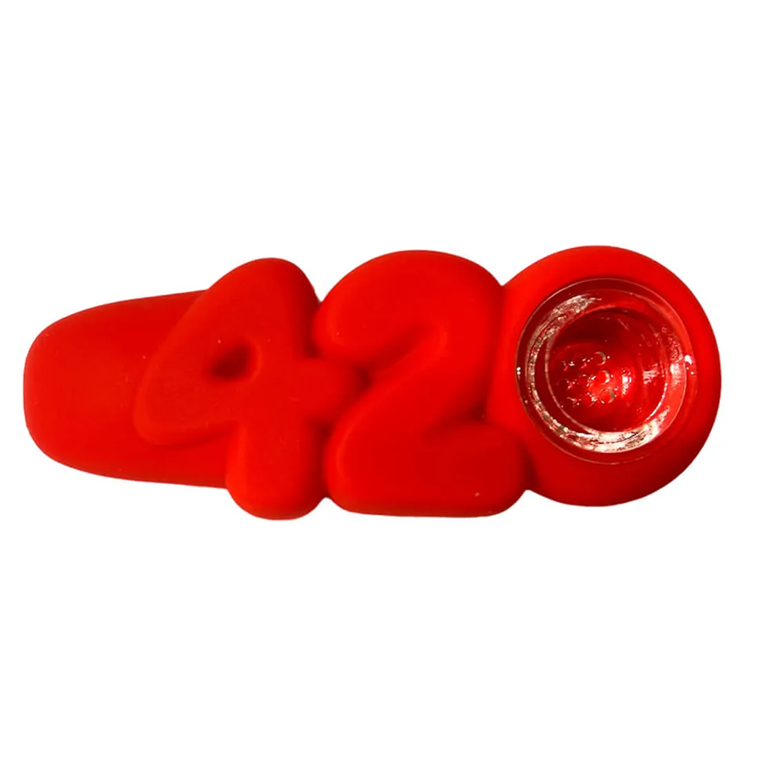 En rød silikonepibe, cirka 10 cm lang, med en glat, fleksibel overflade. Piben har en buet form med en bred, afrundet skål og en smal mundstykke. Skålen er dyb med en let hældning mod mundstykket. Materialet er blødt og mat, hvilket giver en behagelig håndtering. Piben er uden synlige mærker eller dekorationer.