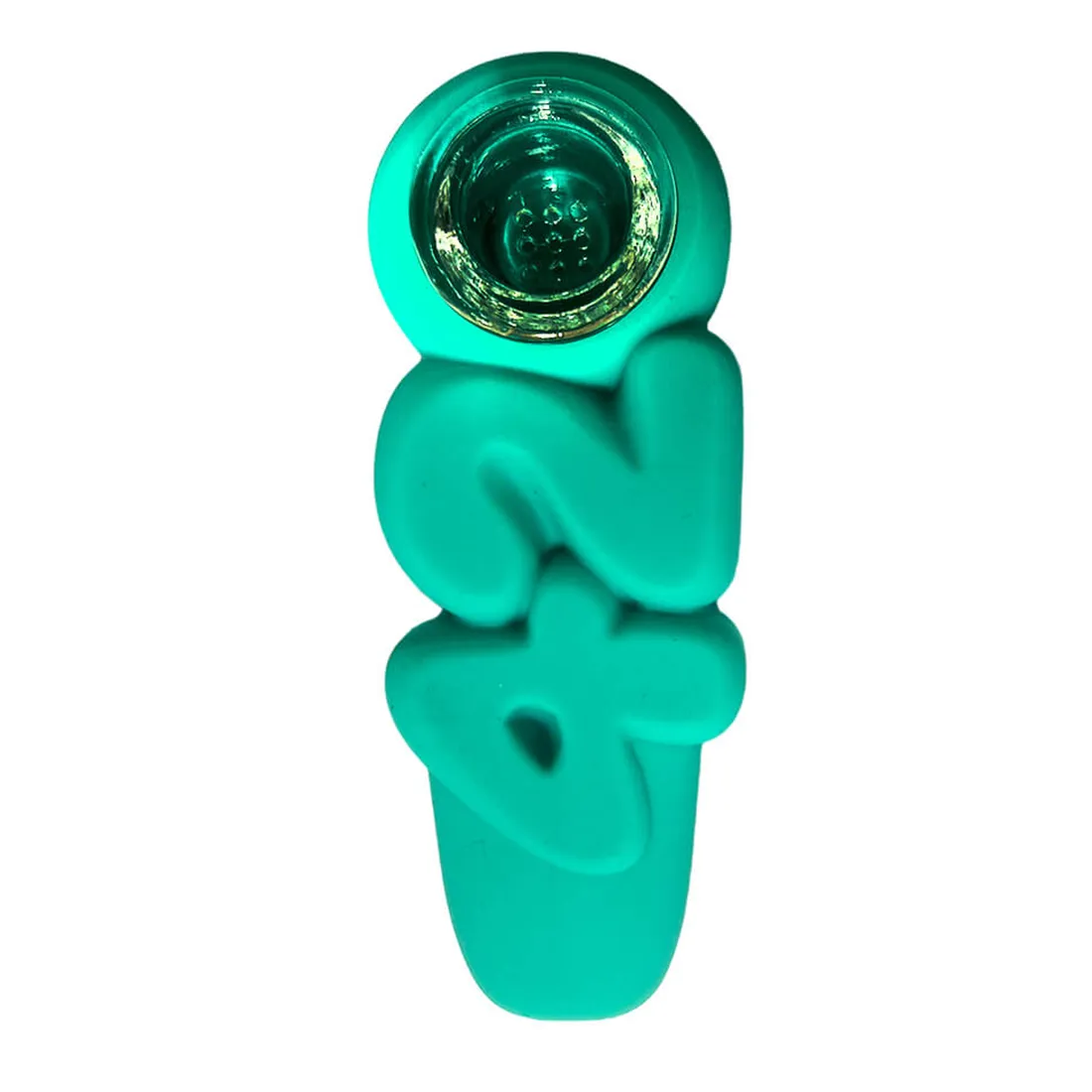 Silikonepiben har en dyb turkis farve med en glat, blød overflade, der giver en behagelig tekstur. Formen er strømlinet med en buet hals og en bred base, der stabiliserer piben. Der er en lille åbning til indsættelse af stykke, og piben prydes af en subtil, blank finish, der reflekterer lys. Målene er kompakte med en længde på 10 cm.