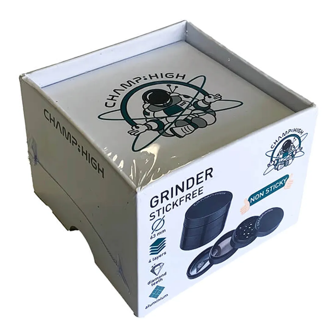 En sort krydderikværn med en diameter på 63 mm, fremstillet af slidstærkt materiale. Overfladen er mat og ensartet, uden synlige mærker. Toppen har en let buet form med en smal kant, der afsluttes med et skridsikkert greb. Indersiden viser skarpe tænder til effektiv maling. Ingen synlige knapper eller symboler er til stede.