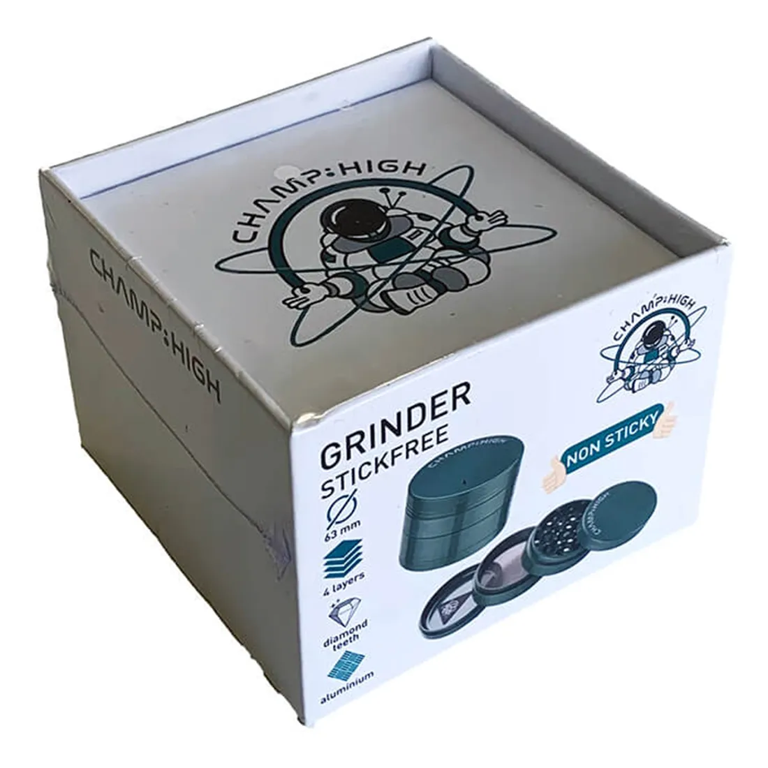 Grinderen har en cylindrisk form og er fremstillet af metal med en mat, grøn overflade. Den har en glat tekstur og er udstyret med en skruelåg, der har en let buet top. Indersiden rummer skarpe tænder til formaling. Der er små huller i bunden, der muliggør, at det malede materiale falder gennem. Kanten er præcist udformet.