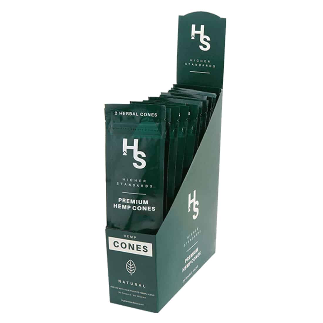 En pakke med premium hamp koner præsenteres i en sort indpakning, prydet med guldtekst og et elegant logo. Konerne, der er synlige, har en naturlig beige farve og en let struktureret overflade. Indholdet er ordnet, så konerne står oprejst, hvilket fremhæver deres spidse ender. Baggrunden er neutral, hvilket giver fokus på produktet.