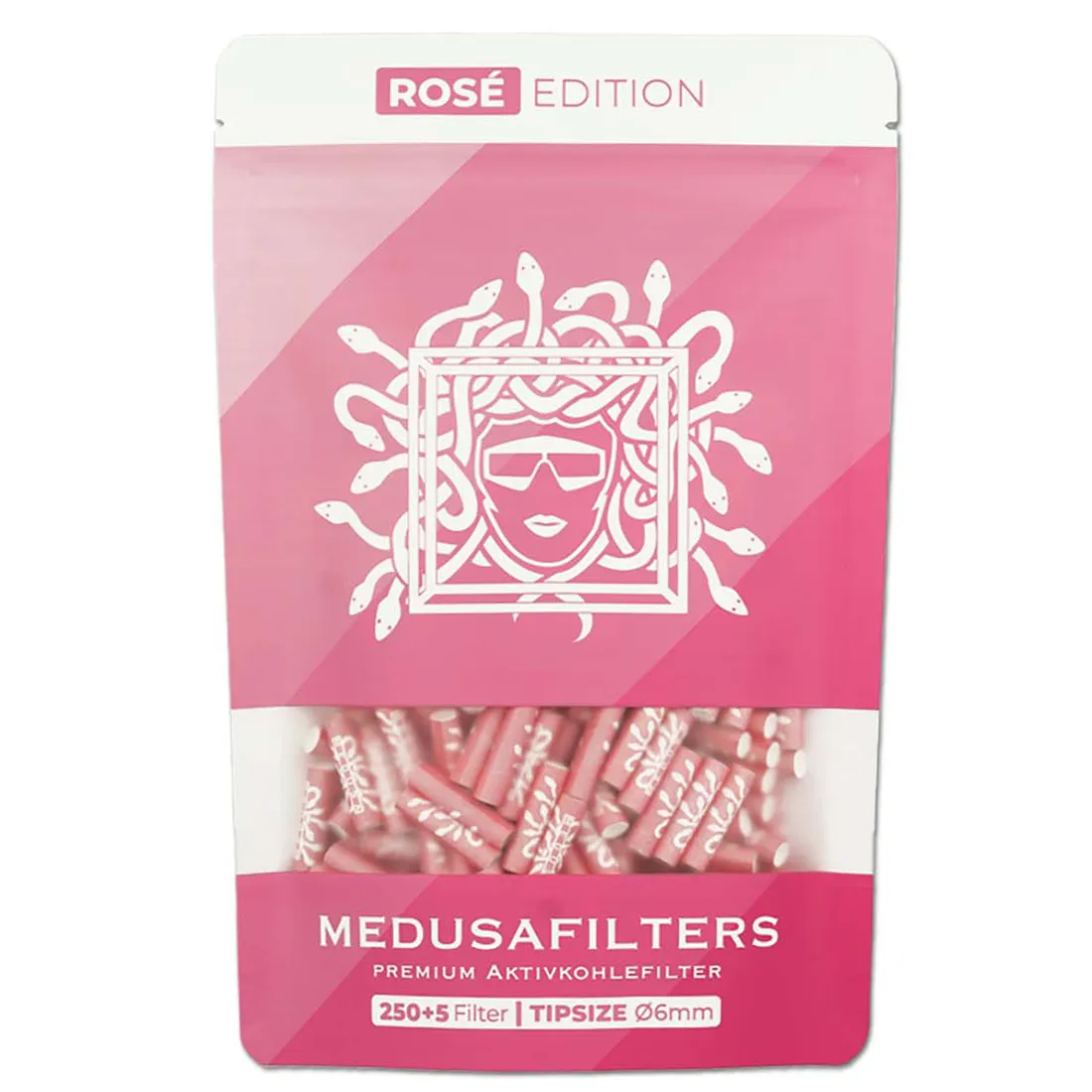 Aktivt kul-filtertips præsenteres i en pakke med 255 stykker. Hver filtertip har en diameter på 6 mm og er fremstillet i en sort farve med en glat tekstur. Pakken har et minimalistisk design med tydelig, hvid tekst, der angiver produktinformation. De enkelte tips er ensartede i størrelse og form, hvilket giver et homogent udseende.