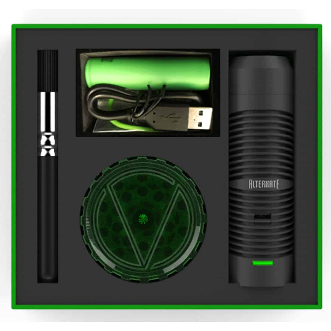 Vaporizerens krop er fremstillet af mat, børstet metal i en dyb sølvfarve, der giver et moderne udtryk. Den har en slank, cylindrisk form med bløde kanter. Foran findes en digital skærm med sorte tal på en lys baggrund, samt knapper i sort til justering. En gennemsigtig beholder er placeret øverst, hvor dampen skabes.