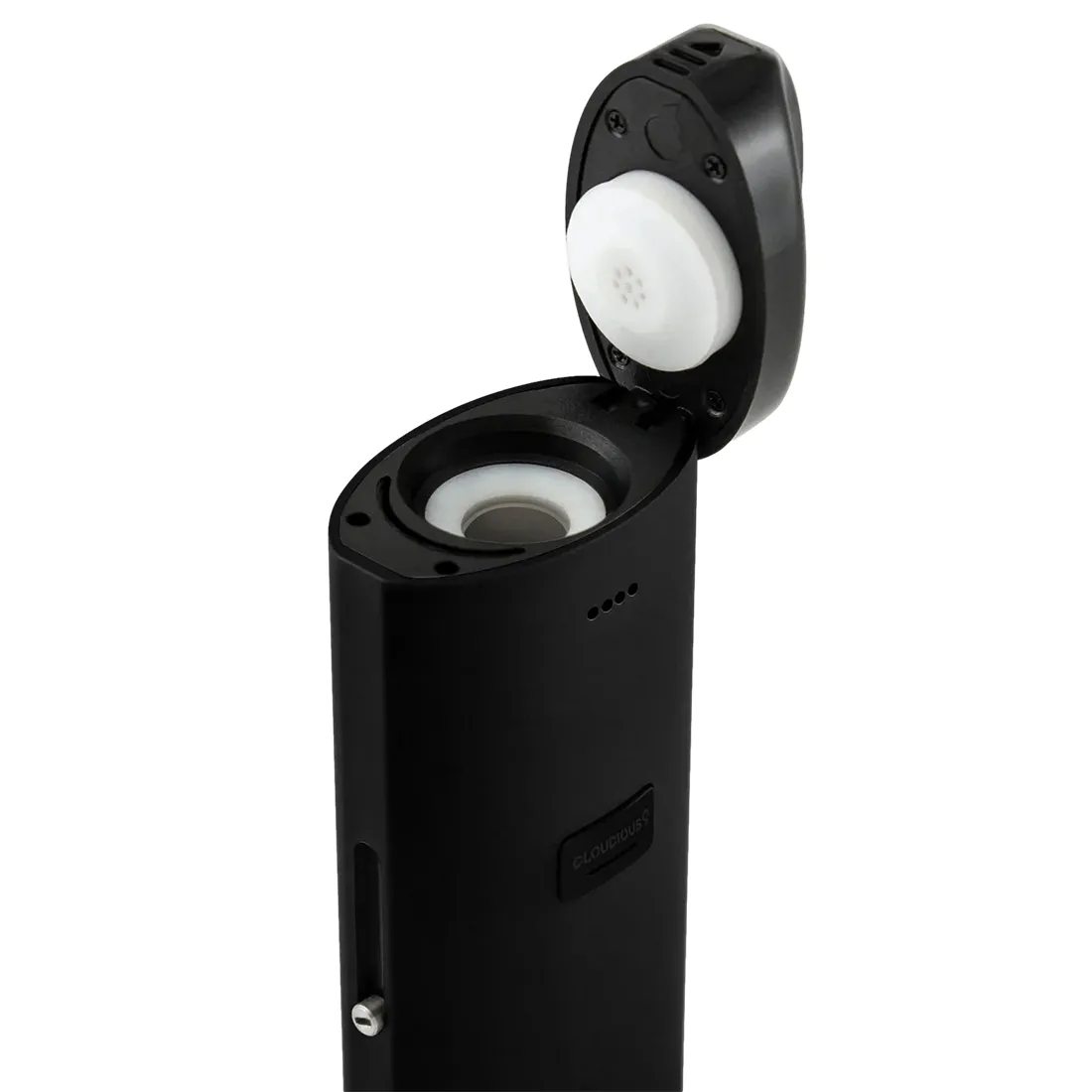 En kompakt vaporizer med en slank, rektangulær form. Overfladen er sort med en glat, mat tekstur. En digital skærm er placeret centralt, omgivet af fire kontrolknapper. En afrundet top har en gennemsigtig skål, der afslører et indre metalgitter. En lille ventilationsåbning er synlig, hvilket sikrer luftcirkulation. Designet er minimalistisk og funktionelt.