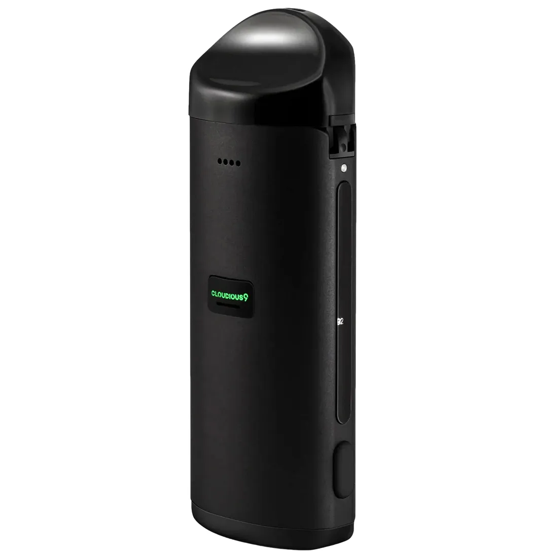 En bærbar vaporizer med en slank, sort krop og en glat, mat overflade. Den har en rektangulær form med afrundede kanter. Foran er der en digital skærm, der viser temperatur og batteristatus. En stor, gennemsigtig vandbeholder er placeret på toppen, og en mundstykke i metal stikker ud. En lille knap og en USB-port er synlige på siden.