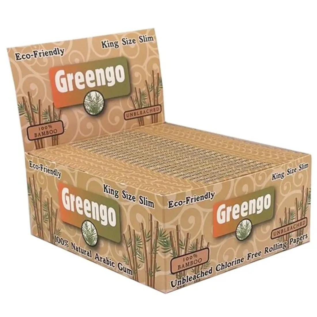 Rullerne er lavet af naturfarvet bambuspapir, prydet med subtile grønne og brune nuancer. Hver rulle har en slank, langstrakt form, med en glat overflade og en let struktureret tekstur. Enderne er præcist skåret og afsluttet, hvilket giver et professionelt udseende. Pakken er komprimeret og præsenterer en minimalistisk, stilren design med diskrete detaljer.