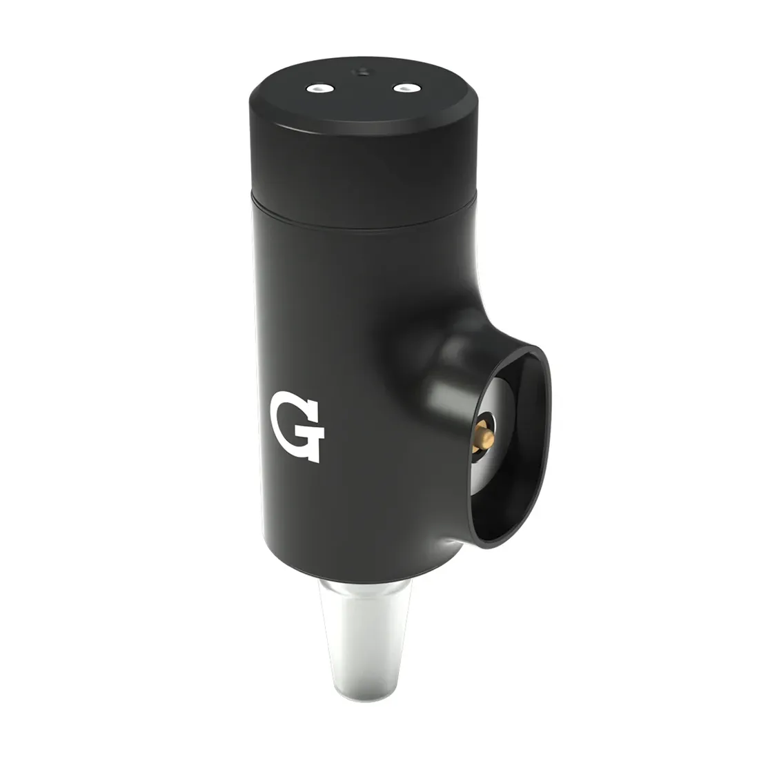 G Pen Hyer fremstår i en slank, cylindrisk form med en mat sort overflade og sølvfarvede metaldetaljer. Den har et diskret LED-display og en enkelt knap placeret på siden. Den øverste del har en afrundet form med en gennemsigtig glaskappe, der afslører en metalindsats. Designet er minimalistisk og moderne, med en glat tekstur.