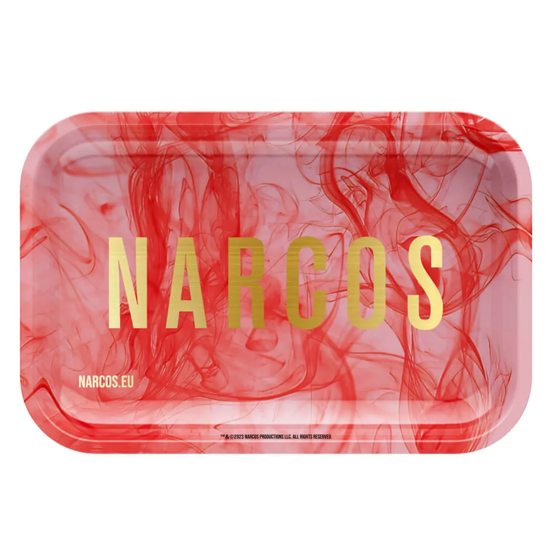 En firkantet bakke med afrundede hjørner, prydet med et farverigt mønster i nuancer af pink og sort. Overfladen har en glat, blank finish, som skaber lysrefleksioner. Mønsteret inkluderer stiliserede elementer og grafiske detaljer, der tilføjer dybde. Kanten er let hævet, hvilket giver en praktisk indramning til indholdet. Materialet fremstår holdbart og let at rengøre.