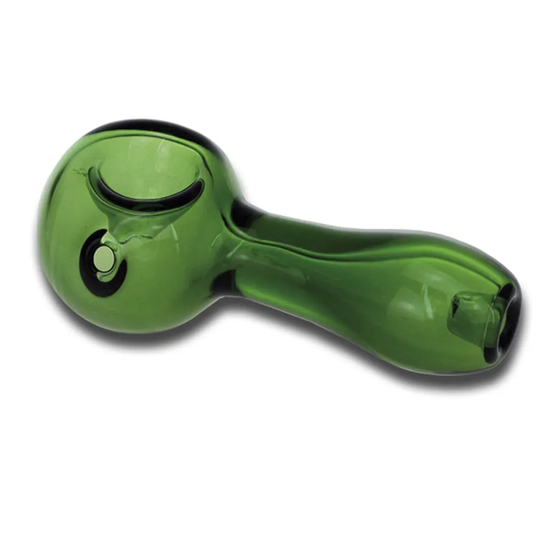 En grøn glas pibe med en glat, skinnende overflade og en let bølget form. Piben har en 80 mm længde og en bred åbning, der er omkranset af en sort gummiring for bedre greb. Den grønne farve varierer i nuancer og skaber en dybdeeffekt, mens piben er prydet med en diskret, sølvfarvet detalje ved åbningen.