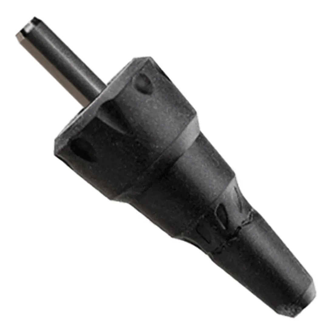 En sort bong i glaspræsentation præsenterer en slank, cylindrisk form med en let buet hals og en bredere bund. Overfladen har en glat, skinnende finish, der reflekterer lys. Bunden er udstyret med en præcist skåret skive, som muliggør luftstrøm. Der er en lille åbning øverst, der tilføjer funktion til designet.