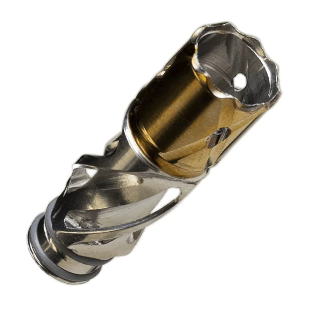 Titaniumtippen har en glat, metalisk overflade med en sølvgrå farve, der reflekterer lys. Formen er lang og slank med en let buet spids, der afsluttes med en indvendig gevindstruktur. Helixen, der er tydelig langs kroppen, består af spiralformede riller, som skaber tekstur og greb. Det samlede design fremstår minimalistisk og funktionelt.