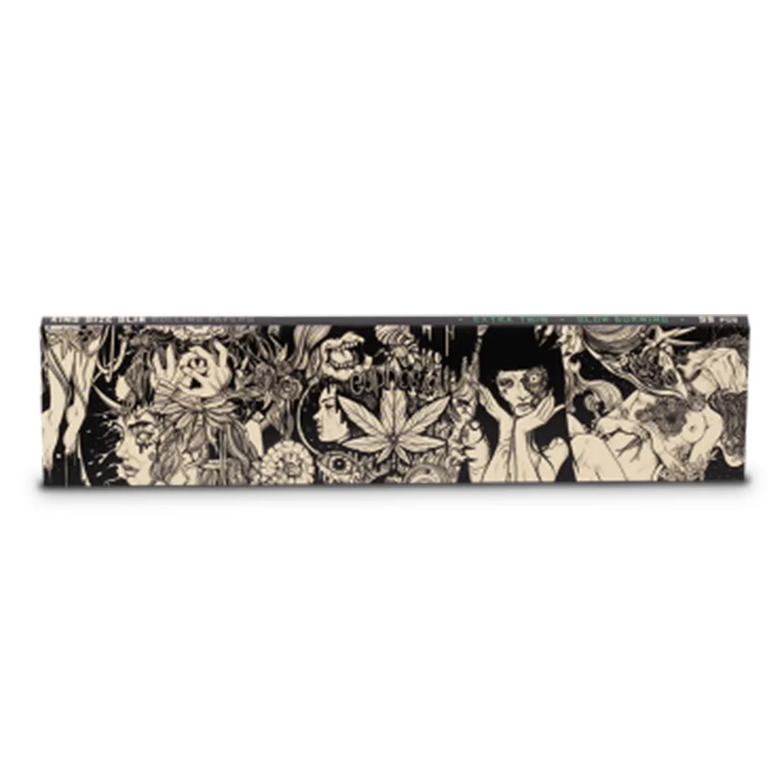 En king size slim papirrulle præsenteres med et delikat, svagt skinnende mønster i nuancer af lilla og sølv. Overfladen har en glat tekstur, mens kanten er let bølget. Papiret er rullet op med en ensartet tykkelse, og der er subtile detaljer, der fremhæver dets elegante design. Mønsteret giver en følelse af mystik og elegance.