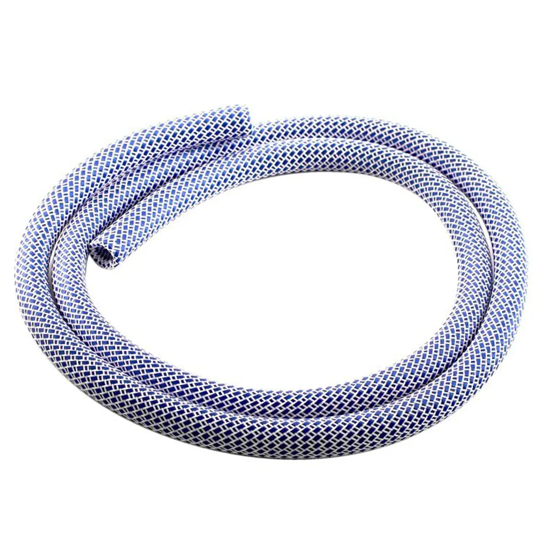 En blå slange lavet af nylon med en længde på 150 cm. Slangen har en glat overflade og en fleksibel struktur, der let kan bøjes. Enderne af slangen har robuste forbindelser, der er designet til at sikre tæthed. Farven er ensartet og livlig, hvilket giver et moderne udtryk. Mønstre eller teksturer er fraværende.