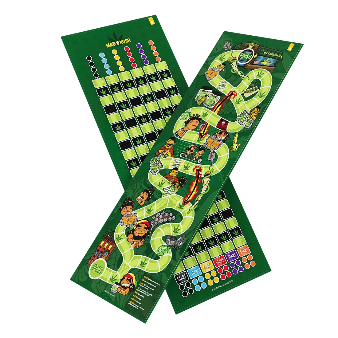 Spilbrættet præsenterer et farverigt design med en række grafiske elementer, der inkluderer symboler og illustrationer relateret til fest og cannabis. Brættet er opdelt i sektioner med forskellige farver, der skaber et livligt mønster. Materialet fremstår glat, mens kanterne er tydeligt defineret. Spillet indeholder også terninger og spillebrikker, der har unikke former.