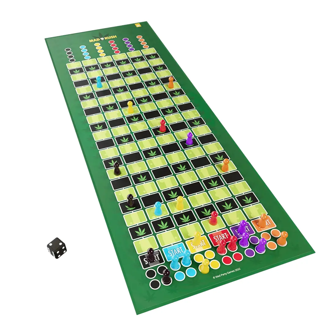 Et brætspil præsenterer sig med en farverig spilleplade, der indeholder forskellige sekskantede felter, hver med unikke illustrationer og mønstre. Spillebrikkerne har forskellige former og farver, herunder grøn, blå og rød. En terning i plast med tydelige punkter ligger ved siden af. Spillets tema relaterer til fest og sjov, hvilket fremgår af de farverige grafiske elementer.